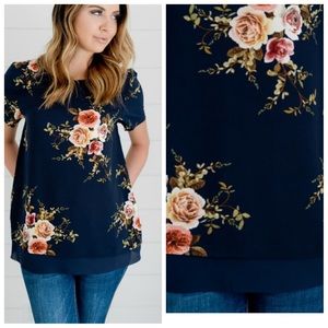 NAVY FLORAL PRINT CHIFFON SHORT SLEEVE TOP